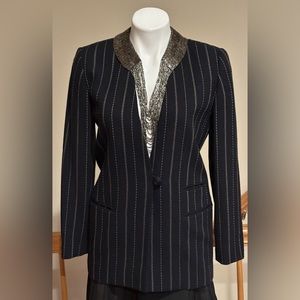 Dana Buchman Black/Navy Cream Pin Stripes Long 1 Button Wool Blazer Jacket Sz 2P